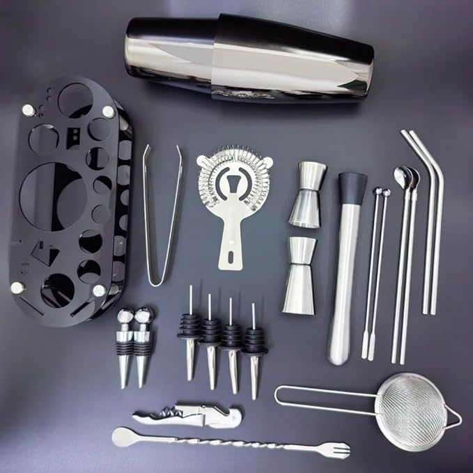 22-Piece Cocktail Shaker Set, 25/20oz Bartender Kit, Bartending Stainless Steel Bar Tools Sets for Drink Mixing, Boston Cocktail Shakers with Stand Recipes Booklet (Black-25-20oz)-CasaMuseHome