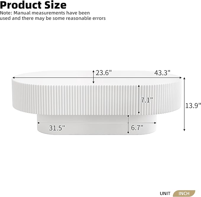 43.3" Oval Fluted Coffee Table Modern Elegant Drum End Table, Minimalist Center Table 7.8" Thick Tabletop with Sturdy Base for Living Room, Bedroom, Apartment,Easy Assembly, White-CasaMuseHome