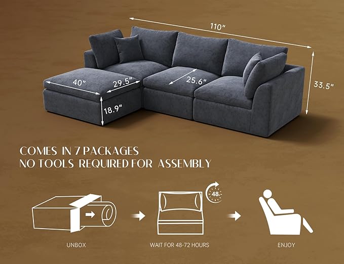 110 Inch Cloud Sectional Couches for Living Room, Convertible L Shaped Couch with Ottoman, 3 Seater Modular Sectional Sofa, Grey-CasaMuseHome
