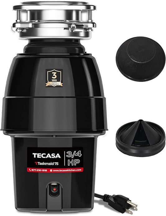 3/4 HP Garbage Disposal, TECASA Food Garbage Disposal with Power Cord, Stainless Steel Grinding System and 3-Bolt Mounting, Continuous Feed Garbage Disposals, Quiet, Taskmaid Series 75-CasaMuseHome