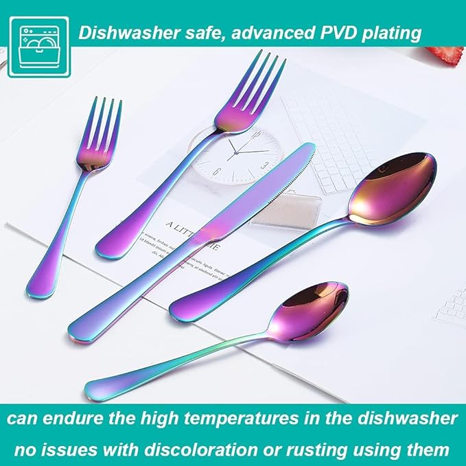 30 Pcs Rainbow Silverware Set for 6, Food Grade Stainless Steel Flatware Set, Eating Utensils Sets Include Fork/Knife/Spoon,Home Kitchen Tableware Set, Reusable Cutlery Set, Dishwasher Safe-CasaMuseHome