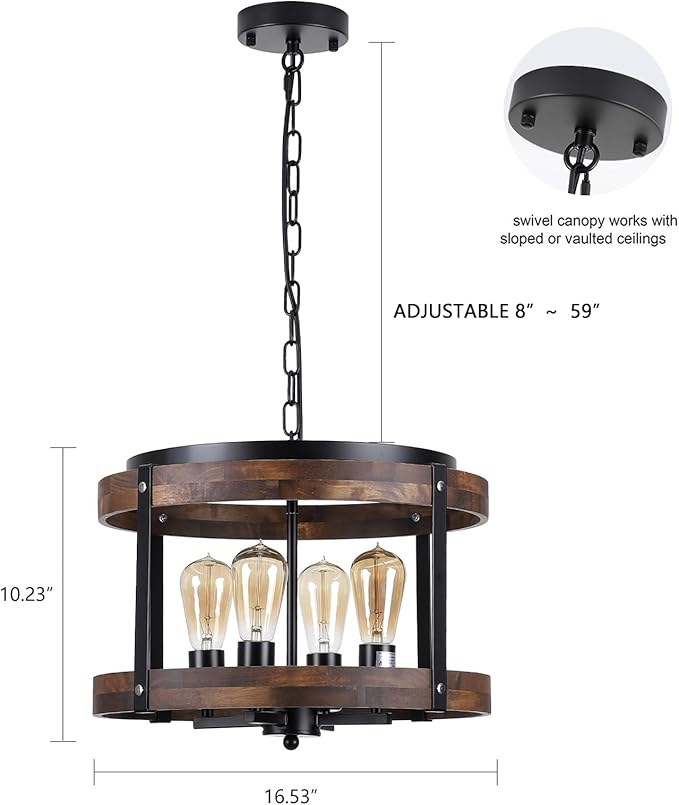 4-Light Large Rustic Farmhouse Wood Pendant Light Fixture with Adjustable Chain, 16.5 inch Oak Wood Drum Chandelier for Dining Room Kitchen Island Farmhouse Living Room Hallway, Black-CasaMuseHome