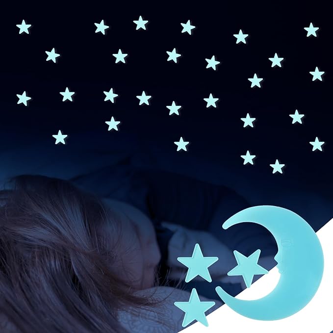 100 Stars and 1 Moon Glow in The Dark Luminous Fluorescent 3D Plastic Glow Stars Moon for Ceiling, Glowing Wall Stickers Create a Realistic Starry Sky, Room Decorations (Blue)-CasaMuseHome