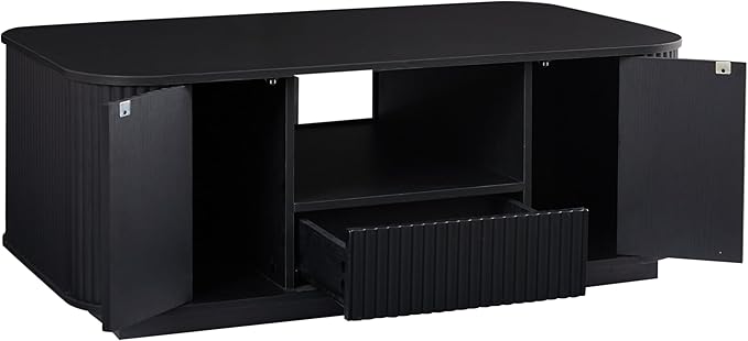 46.5" Oval Coffee Table with Drawers and Storage Mid Century Modern Fluted Solid Wood Side Coffee Tables, Luxury Tea Table Center Table for Living Rooms Offices Apartmen, Black-CasaMuseHome