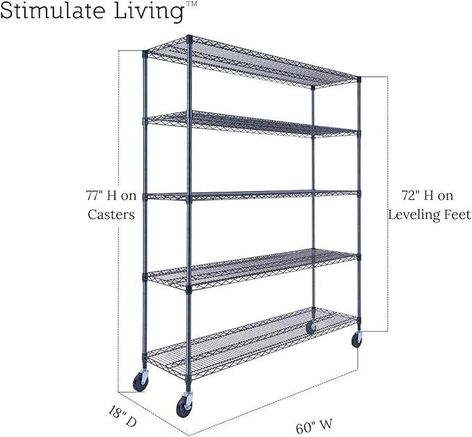 60"x18"x72" Prime Heavy Duty Black 5-Tier Wire Shelving NSF 4000 LBS MAX Capacity Storage Rack for Commercial, Hospital, School, Garage, and Kitchen Uses (with Wheels)-CasaMuseHome