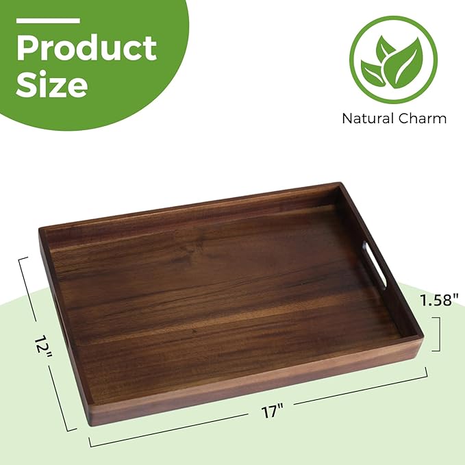 Acacia Wood Serving Tray with Handles, 17 Inch Wooden Tray for Ottoman, Breakfast, Lunch, Dinner, Decorative Rectangular Tray for Living Room, Kitchen Counter, Outdoor-CasaMuseHome