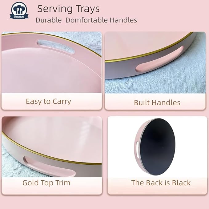 13" Pink Serving Tray with Handles,Round Decorative Tray for Coffee Table, Plastic Modern Coffee Table Tray for Ottoman, Living Room, Bathroom, Décor.-CasaMuseHome