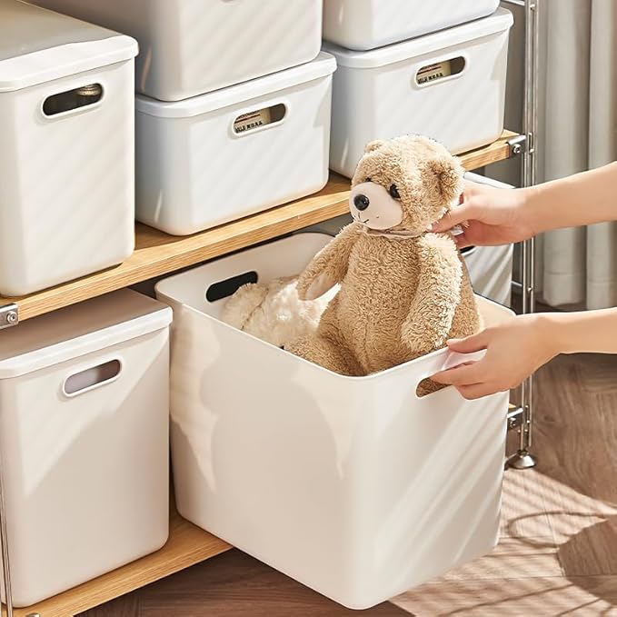 4 pack large plastic White storage bins Baskets, Toy Box Chest with Lids and Handle，Organizer Containers for Baby，Kids,snacks,Nursery，Shelves，Playroom, Bedroom，Office,Closet，home-CasaMuseHome