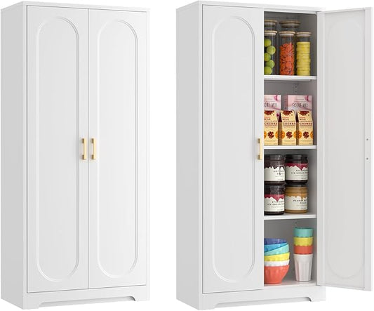 60" Tall Kitchen Pantry Cabinet, Metal Pantry Cabinet with Doors and Adjustable Shelves, White Utility Storage Cabinet with Handles for Dining Room, Bathroom, Laundry Room - Assemble Required-CasaMuseHome