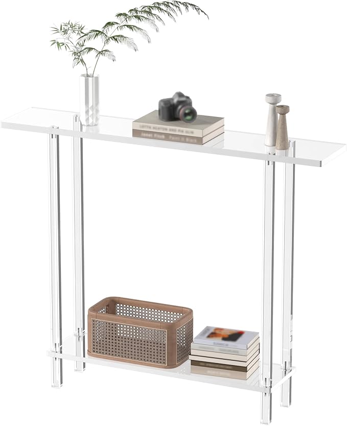 Acrylic Narrow Console Table for Entryway, 7.6" D x 39.4" W x 31.5" H, Square Legs, Skinny Entry Table for Sofa, Foyer, Hallway, Living Room, Modern, 2-Tier, Clear-CasaMuseHome