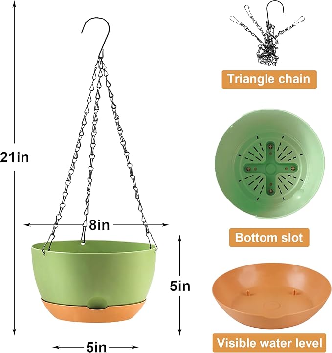 4 Pack Plastic Hanging planters for Indoor Plants,8 Inch Plant Pot Indoor Outdoor Hanging Baskets,Hanging Flower Pots with Drainage Holes and Chain for Garden Porch Plants (Green)-CasaMuseHome