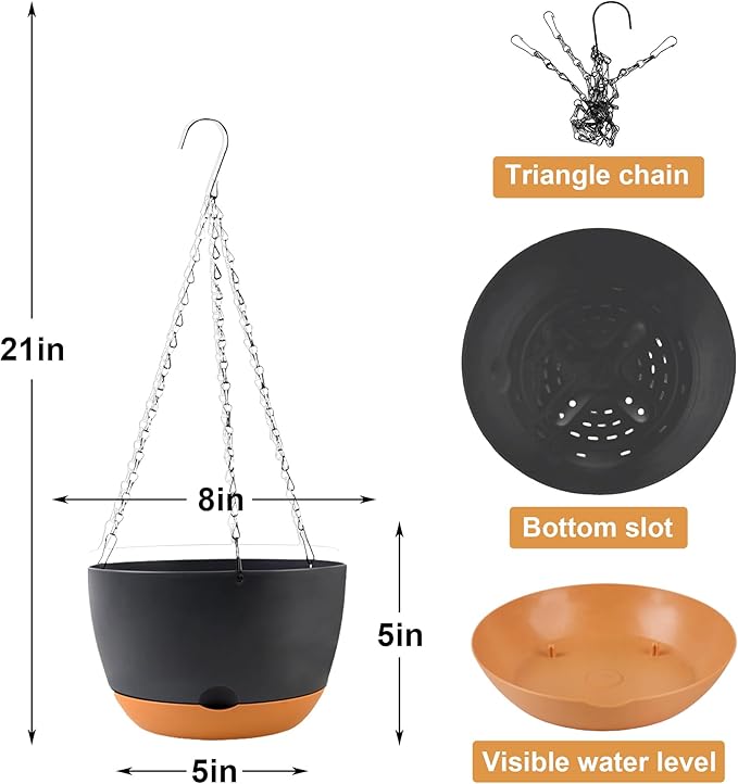 4 Pack Plastic Hanging pots for Plants Indoor,8 Inch Plant Pot Indoor Outdoor Hanging Baskets,Hanging Flower Pots with Drainage Holes and Chain for Garden Porch Plants(Black)-CasaMuseHome