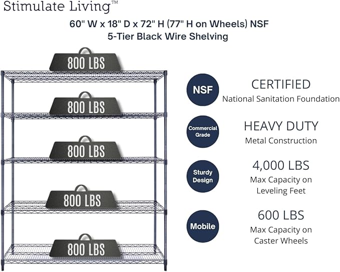60"x18"x72" Prime Heavy Duty Black 5-Tier Wire Shelving NSF 4000 LBS MAX Capacity Storage Rack for Commercial, Hospital, School, Garage, and Kitchen Uses (with Wheels)-CasaMuseHome