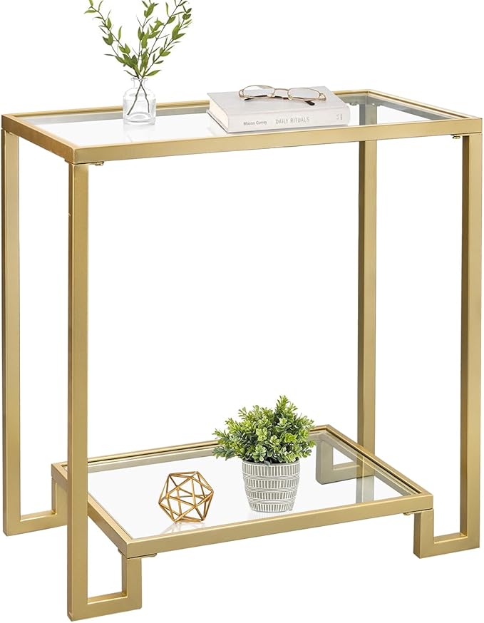 2 Tier Rectangular Side Table, Gold End Table with Glass Top, Modern Metal Clear Coffee Table，Small Accent Table for Living Room, Bedroom, 22" x 12.4" x 24"-CasaMuseHome