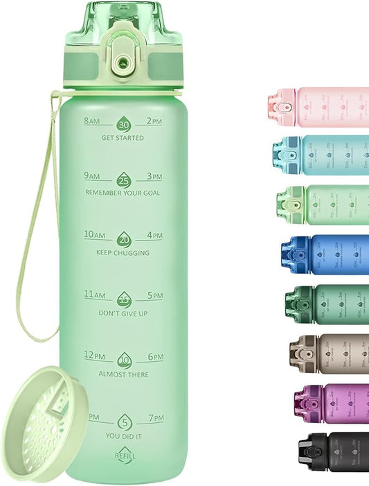 32oz Motivational Water Bottles with Time Marker & Fruit Strainer, Transparent Gradient Color Water Bottle with Times to Drink, Leakproof & BPA Free, Reusable Bottle with Strap (No Straw)-CasaMuseHome