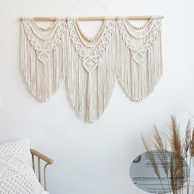 Achart Macrame Wall Hanging Large- Boho Wall Decor- large wall art- Wall Decor Living Room- Macrame Tapestry Boho Decor for Bedroom (Wooden Bead)-CasaMuseHome
