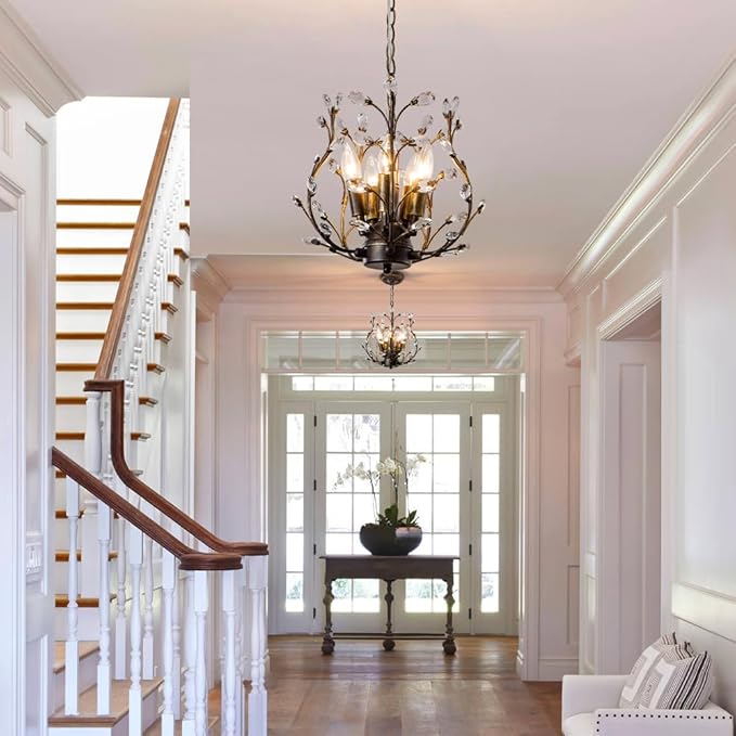 5-Light Vintage Crystal Branch Chandelier Farmhouse Hanging Pendant Light Fixtures for Living Room Dining Room Foyer Kitchen Island Hallway, Aged Bronze-CasaMuseHome