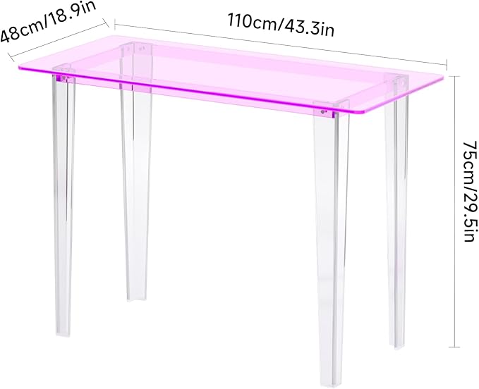 Acrylic Desk, Modern Study Table for HomeOffice-Extended Surface Multi-Purpose Console & EntrywayTable, Sturdy Lightweight Design（(42.5-inch, Pink)-CasaMuseHome