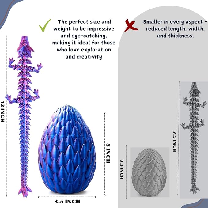 3D Printed 12” Articulated Crystal Dragon Inside 5.1” Egg – Fantasy Collectible, Fidget Toy & Stocking Easter Basket Stuffers for Home & Office Decor (Laser Purple)-CasaMuseHome