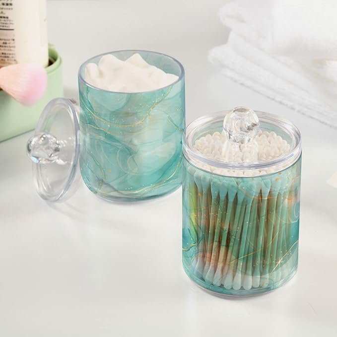 2 Pack Qtip Holder Dispenser Turquoise Marble Bathroom Storage Canister Lid Acrylic Plastic Apothecary Jar Set Vanity Makeup Organizer for Cotton Swabs/Pads/Floss-CasaMuseHome