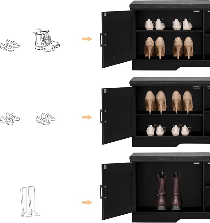 2-Tier Storage Bench, Shoe Bench with Padded Seat Cushion, Entryway Bench with 2 Barn Doors, Adjustable Shelf, 13.8" D x 39.4" W x 17.7" H, for Entryway, Living Room, Bedroom, Black-CasaMuseHome