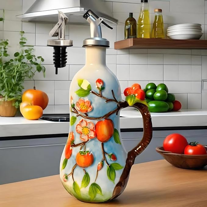 18 Oz Hand Painted Relief Ceramic Olive Oil Bottle Dispenser for Kitchen, Oil and Vinegar Bottle, Seasoning Bottle with Stainless Steel Nozzle, 540mL Oil Container with Handle for Cooking, Light Proof-CasaMuseHome