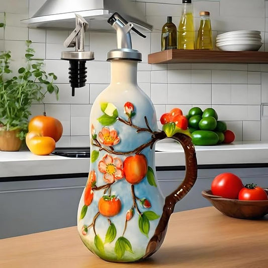18 Oz Hand Painted Relief Ceramic Olive Oil Bottle Dispenser for Kitchen, Oil and Vinegar Bottle, Seasoning Bottle with Stainless Steel Nozzle, 540mL Oil Container with Handle for Cooking, Light Proof-CasaMuseHome