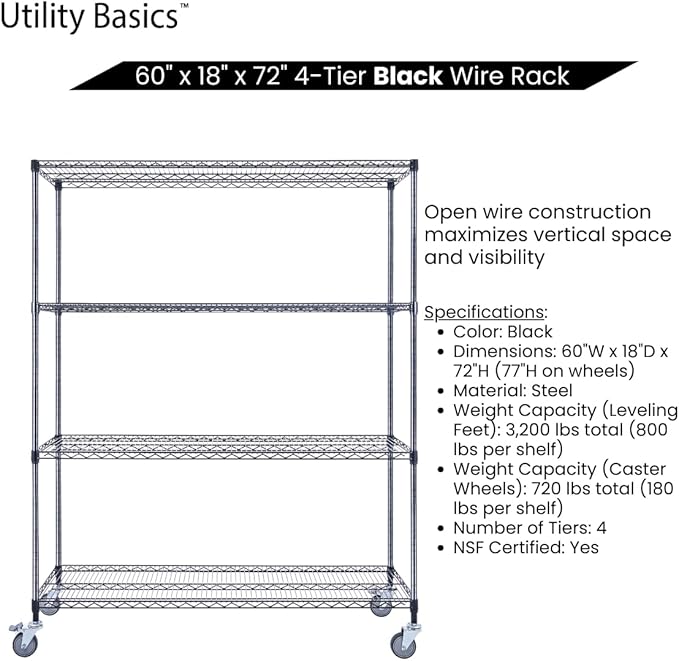 60"x18"x72" Black Premium Metal Steel Wire Shelving 4-Tier NSF 3200 LBS MAX Capacity Heavy Duty Storage Rack for Garages, Commercial Spaces, Hospitals, & Schools w/Premium Wheels-CasaMuseHome