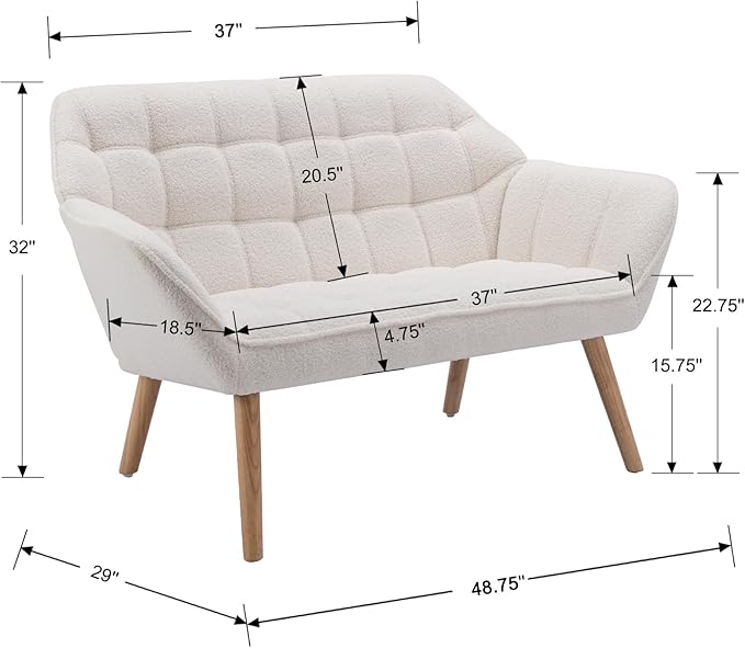 48”Small Loveseat Sofa, Modern Sherpa Upholstered Mini Couch 2-Seater Fluffy Love Seat with Quilting Backs and Wood Legs for Living Room, Bedroom and Small Space, White-CasaMuseHome