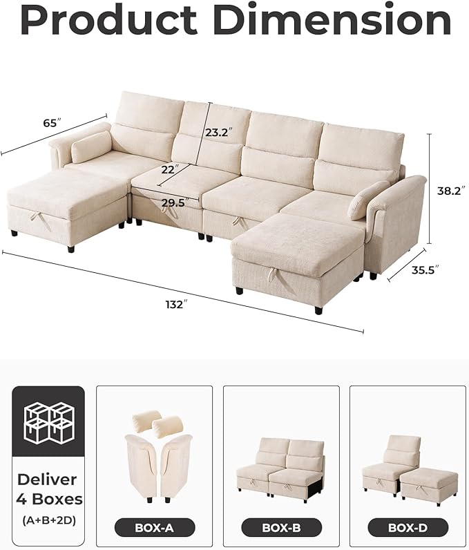 132'' Oversized Modular Sectional Sofa, U Shaped Comfy Sectional Couch with Large Storage, 6 Seat Chenille Deep Seat Cloud Sofa with 2 Throw Pillows for Living Room,Beige-CasaMuseHome