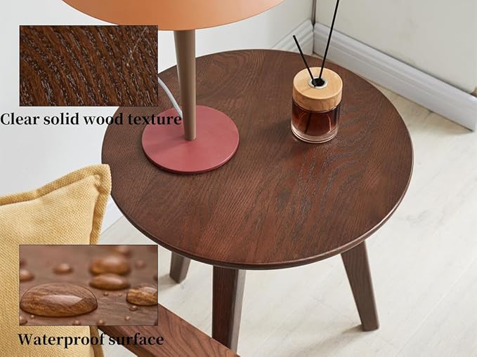 100% Solid Oak Round Side Table Set of 2, Small Bedside Table for Small Spaces, Living Room End Table with Stable Frame, Modern Nightstand for Bedroom Couch(Walnut, 17.71" D x 19.68" H)-CasaMuseHome