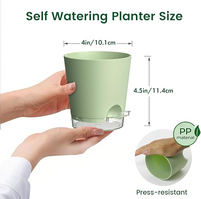4 inch Self Watering Pots for Indoor Plants, 5 Pack Small Flower Plant Pots with Drainage Holes and Clear Reservoirs, Visible Water Level, Plastic Planters with Wicking Rope, Green-CasaMuseHome