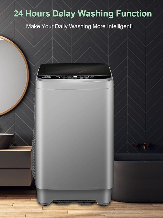 25 lbs Full Automatic Washing Machine with LED Display Compact Washing Machine with Drain Dump, 10 Wash Programs and 8 Water Levels Ideal for Dorms, Apartments, RV, Grey-CasaMuseHome