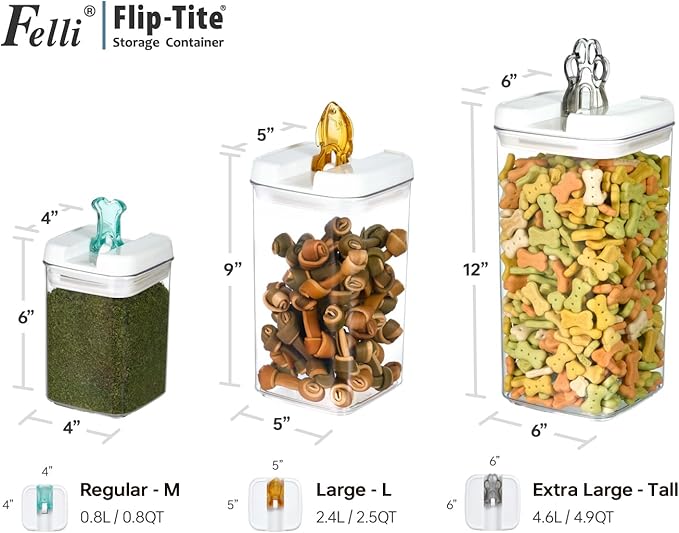 Felli Flip Tite Pet Food Container with Airtight Lids, BPA FREE Acrylic Canister with Paw Bone Fish Flip Top Handles for Cat Dog Kibble Treats Storage, Keep Fresh (Pet Collection Nest-L3pk)-CasaMuseHome