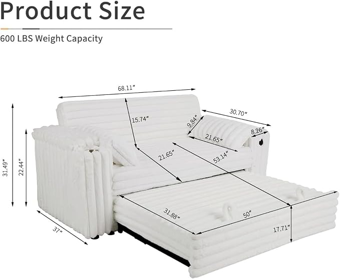 57-Inch Velvet Full Size Sleeper Sofa Couch with Pullout Bed,Convertible Pull Out with Golden Decorative Strip and Adjustable Backrest for Small Spaces,Apartment, Guest Room, RV (1109White)-CasaMuseHome