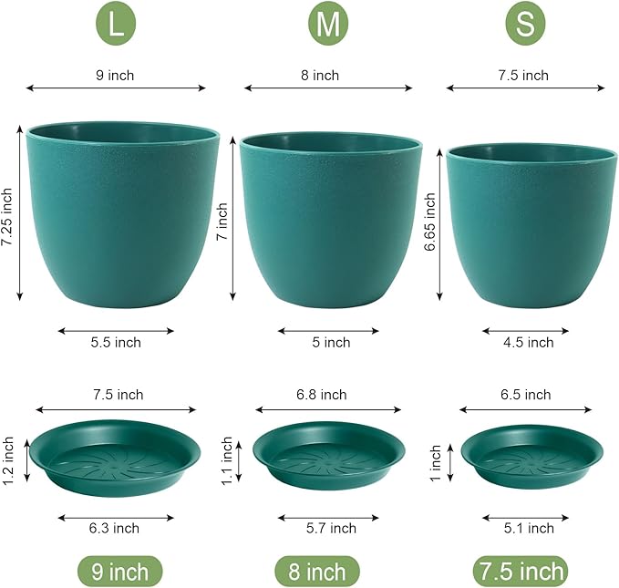 9/8/7.5 inch Flower Pots, 3 Pack Modern Plastic Planters with Drainage Holes and Trays for House Plants, Plant Pots for Indoor Outdoor Plants, Blue Green-CasaMuseHome