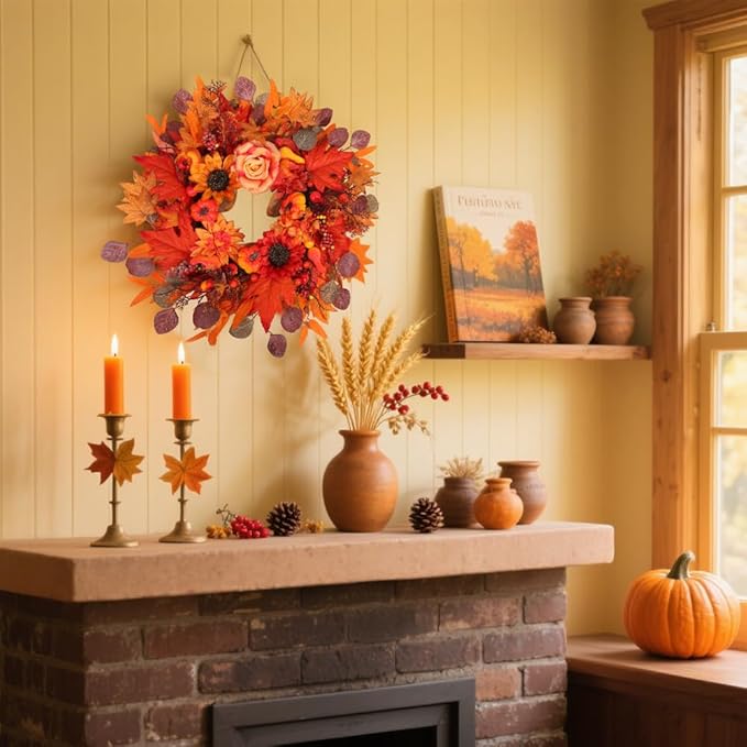 24" Fall Wreath for Front Door Outside - Sunflower, Pumpkin, Berry & Maple Leaves | Weatherproof Autumn Outdoor Wreaths with Hanger Hook for Thanksgiving, Harvest-CasaMuseHome