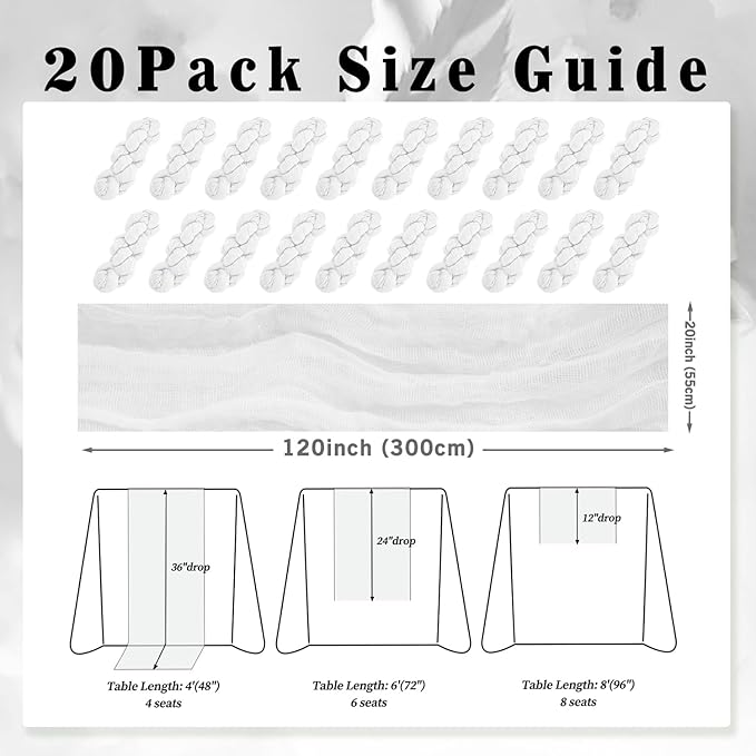 10FT 20 Pack White Cheesecloth Table Runner 20 x 120 Inch Long Rustic Gauze Cheese Cloth Table Runner for Wedding Bridal Baby Shower Table Decorations Boho Fabric Sheer Birthday Party Table Decor-CasaMuseHome