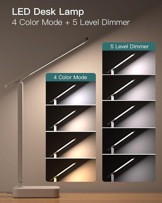 Addtam LED Desk Lamp, Power Strip with 3 Outlets 4 USB Charging Ports(2 USBC), 4 Modes 5 Level Brightness Touch Lamp, Small Desk Lamp for Home Office College Dorm Room Essentials, White-CasaMuseHome