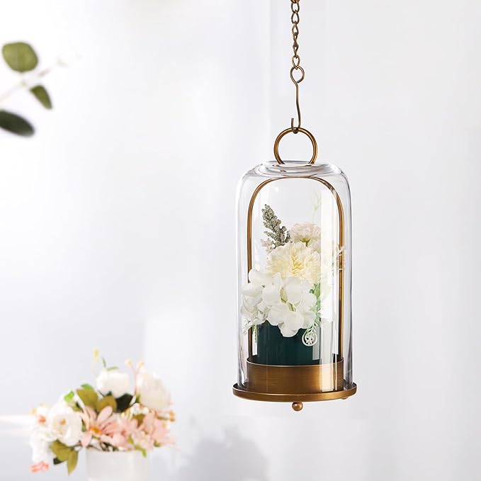 12" High Versatile Modern Metal Hurricane Lantern with Handmade Sturdy Glass Dome for 3" Pillar Candle & Plants (Brass, 5"x12")-CasaMuseHome