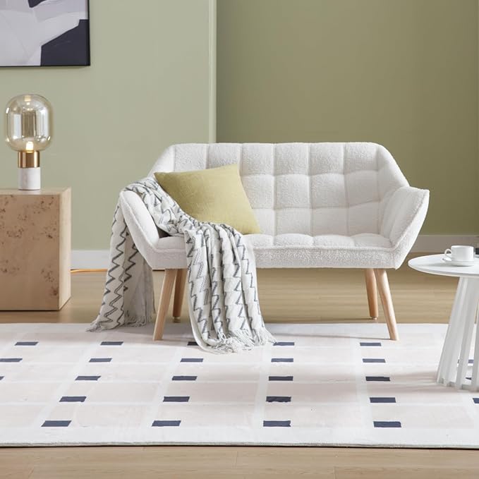 48" Small Loveseat Sofa, Modern Sherpa Mini Sofa Couch 2-Seater Fluffy Love Seat with Quilting Backs and Wood Legs for Living Room, Bedroom and Small Space, White-CasaMuseHome