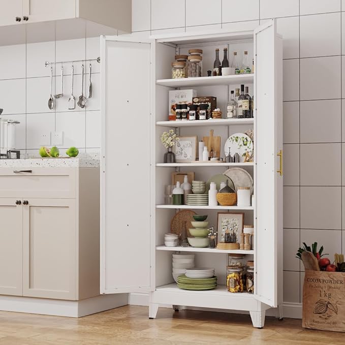 75" Tall Metal Kitchen Pantry Storage Cabinet, Freestanding Cupboard with 2 Doors and 5 Adjustable Shelves, Standing Storage for Kitchen, Bathroom, Garage, Dinning Room or Utility Room（White）-CasaMuseHome