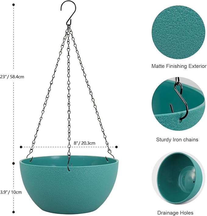 8 inch Small Hanging Planters Plant Pots for Indoor Outdoor Plants, 2 Pack Hanging Flower Pots with Drainage Holes and Chain for Garden, Plastic Hanging Baskets for House Plants, Blue Green-CasaMuseHome