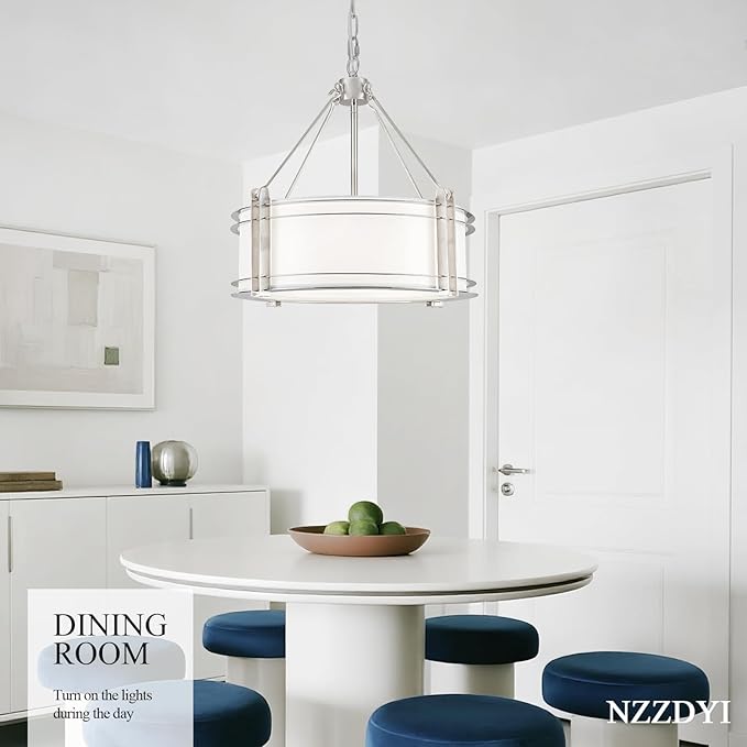 16.3''Drum Chandelier 3-Light Brushed Nickel Modern White Fabric Chandeliers Adjustable Drum Pendant Light for Dining Room Kitchen Island Hallway Living Bedroom-CasaMuseHome