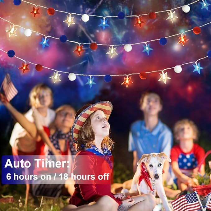 4th of July Decorations 9.85FT Red White and Blue Star String Lights Pom Pom Star Lights Battery Operated with Timer Fairy Lights for Independence Day Memorial Patriotic Fourth of July Decor for Home-CasaMuseHome