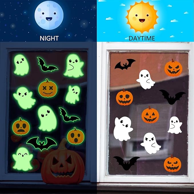 3 Sheets Glow in The Dark Halloween Window Clings Luminous Halloween Window Stickers Pumpkin Ghost Wall Decor Glowing Window Clings for Scary Halloween Theme Party Decorations-CasaMuseHome