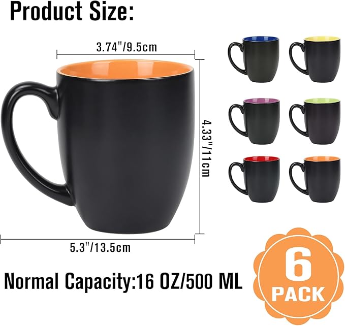 16 OZ Stoneware Coffee Mug Set of 6, Black Ceramic Mug with Different Color Inside, Colorful Porcelain Mug with Handle for Latte Espresso Cappuccino-CasaMuseHome
