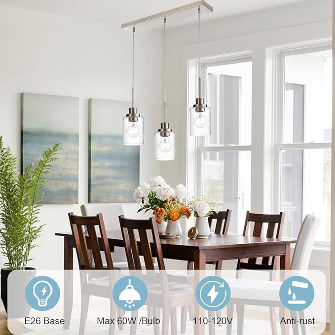 3-Light Farmhouse Chandelier Light Fixture Brushed Nickel Clear Seeded Glass Dining Room Hanging Modern Pendant Lighting Over Table,Traditional Ceiling Lights for Kitchen Island Entryway-CasaMuseHome