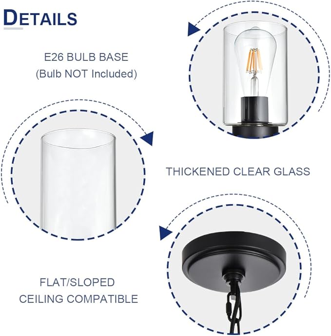 5-Lights Modern Chandelier with Clear Glass Shades, Black Farmhouse Pendant Lighting for Dining Room Kitchen Island Ceiling Light Fixture Haning Over Table-CasaMuseHome