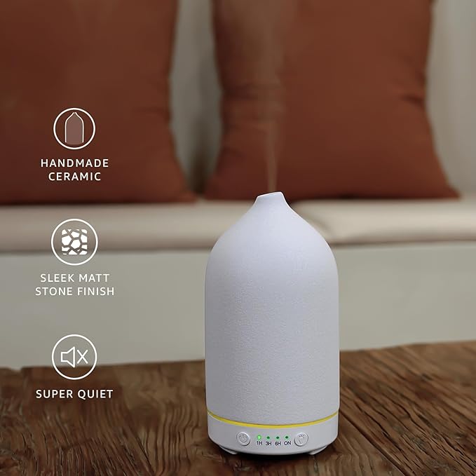 200ML Ceramic Essential Oil Diffuser - Ultrasonic Aromatherapy & Humidifier with 7-Color LED Lights, Auto Shut-Off, White, 1H/3H/6H Timer | Scent for Home,Office,Yoga-CasaMuseHome